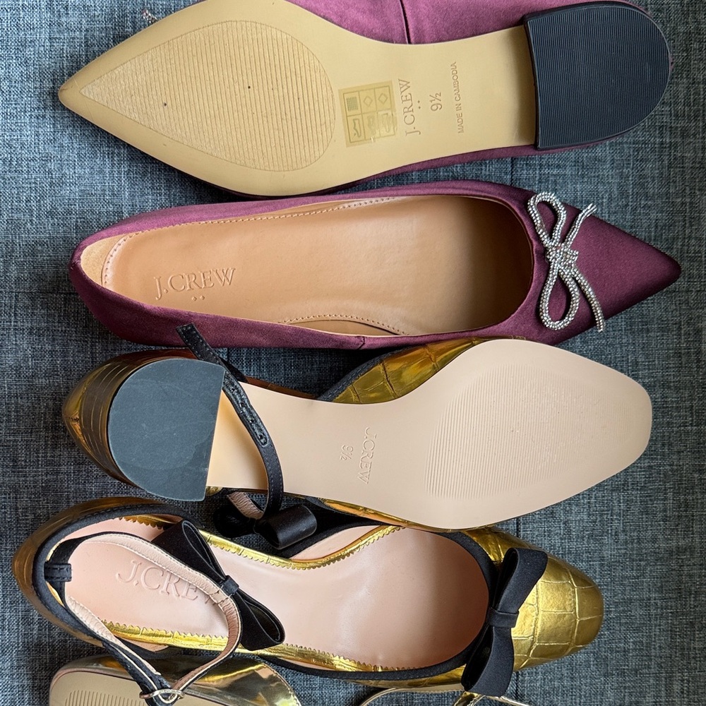J. Crew Burgundy and Gold Flats with Bow Detail